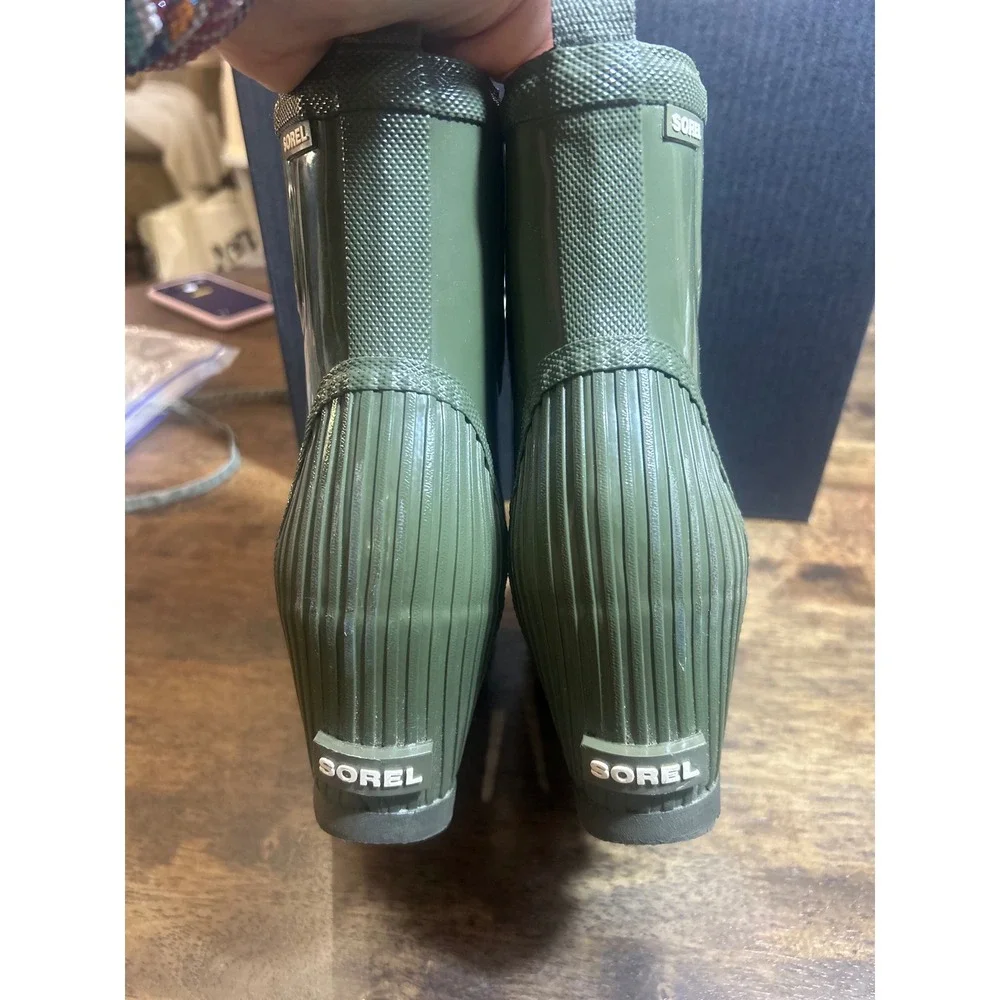 Sorel Joan Rain Wedge Chelsea Gloss Boots Nori Green Waterproof Womens 8.5